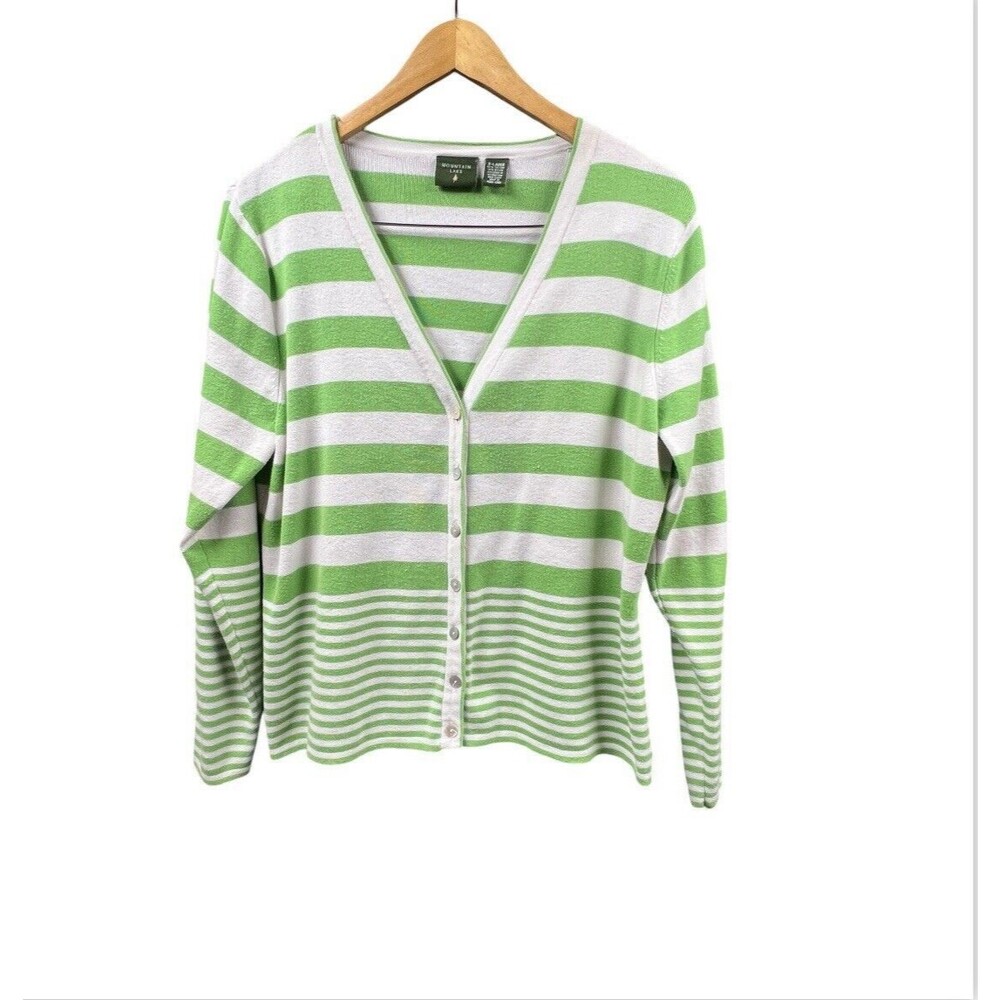 Mountain Lake Cardigan Sweater Women XL Green White Striped‎ Button Front V Neck